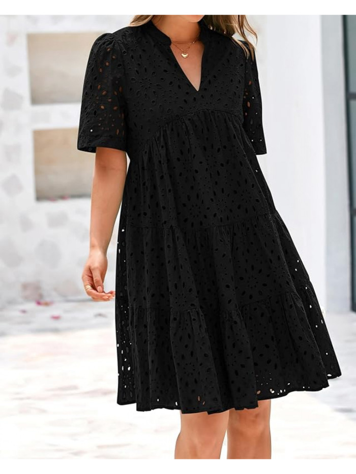 Women'S Casual V-Neck Short Sleeve Ruffle Hem Mini Dress - Lightweight Polyester Beach Dress with Lace Detailing for Summer Vacation, Poolside & Outdoor