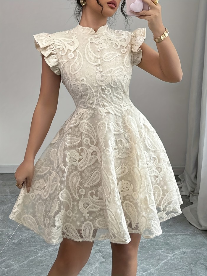 Elegant Women'S Lace Fitted A-Line Silhouette Solid Color Mini Dress