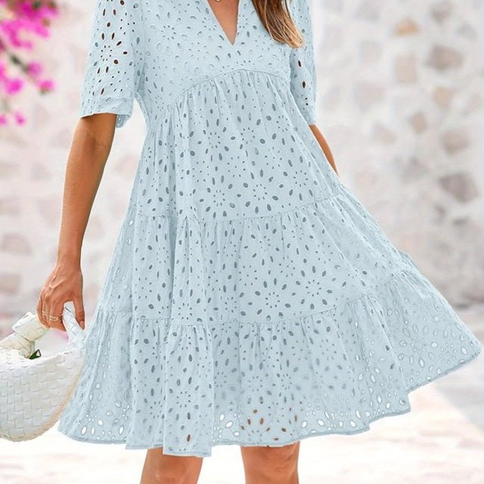 Women'S Casual V-Neck Short Sleeve Ruffle Hem Mini Dress - Lightweight Polyester Beach Dress with Lace Detailing for Summer Vacation, Poolside & Outdoor