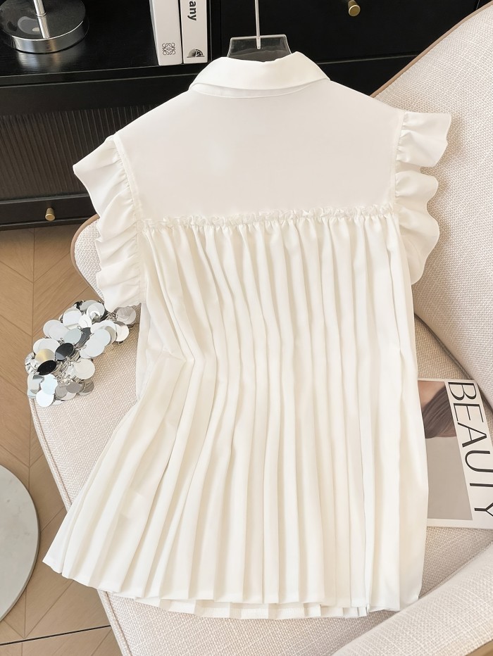 White Chiffon Top with a Refined French-Style Polo Collar.