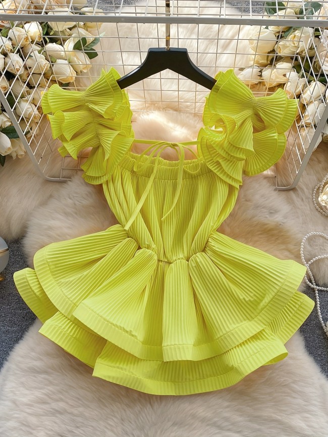 Elegant Off-Shoulder Pleated Blouse with Ruffle Detail - Chic Solid Color, Tie-Waist Design, Perfect for Spring\u002FSummer, Adult Women'S Fashion, Casual Attire|Ruffle Detail Top| Shirting styl