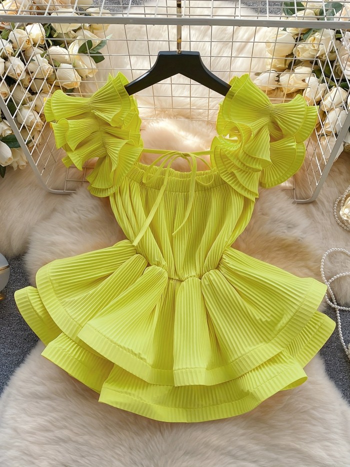 Elegant Off-Shoulder Pleated Blouse with Ruffle Detail - Chic Solid Color, Tie-Waist Design, Perfect for Spring\u002FSummer, Adult Women'S Fashion, Casual Attire|Ruffle Detail Top| Shirting styl