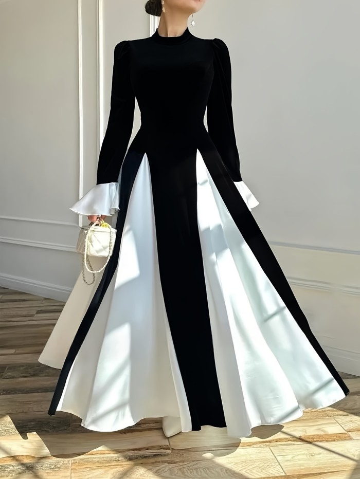 Polyester Fitted Crew Neck Long Dress - Solid Color, for Adult