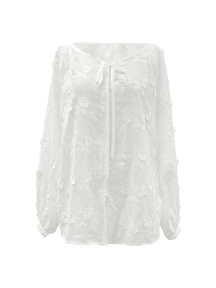 Elegant V-Neck Polyester 100% Long Sleeve Blouse for Women, Embroidered Floral Pattern, Regular Length, Single Breasted Placket, Spring\u002FSummer Top