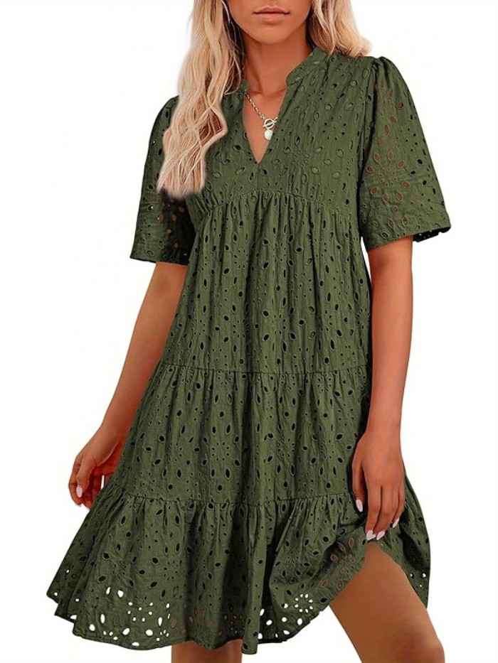 Women'S Casual V-Neck Short Sleeve Ruffle Hem Mini Dress - Lightweight Polyester Beach Dress with Lace Detailing for Summer Vacation, Poolside & Outdoor
