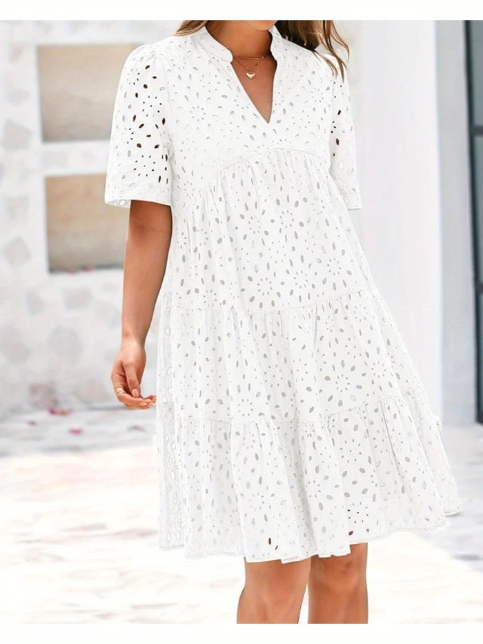 Women'S Casual V-Neck Short Sleeve Ruffle Hem Mini Dress - Lightweight Polyester Beach Dress with Lace Detailing for Summer Vacation, Poolside & Outdoor