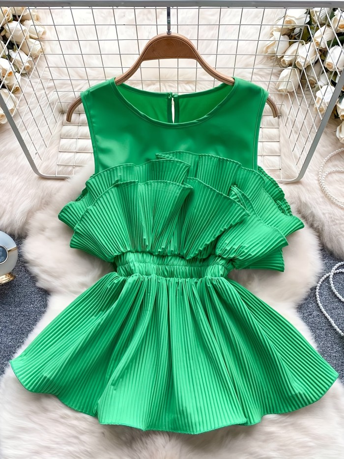 Women's V-Neck Ruffled Blouse with Elastic Waist & Flared Sleeves - Lightweight Polyester-Spandex Blend, Loose Fit Top for Spring\u002FSummer, Elegant Solid Color Casual to Formal Wear
