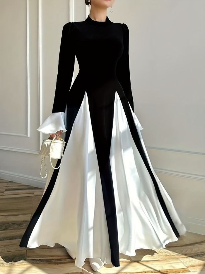 Polyester Fitted Crew Neck Long Dress - Solid Color, for Adult