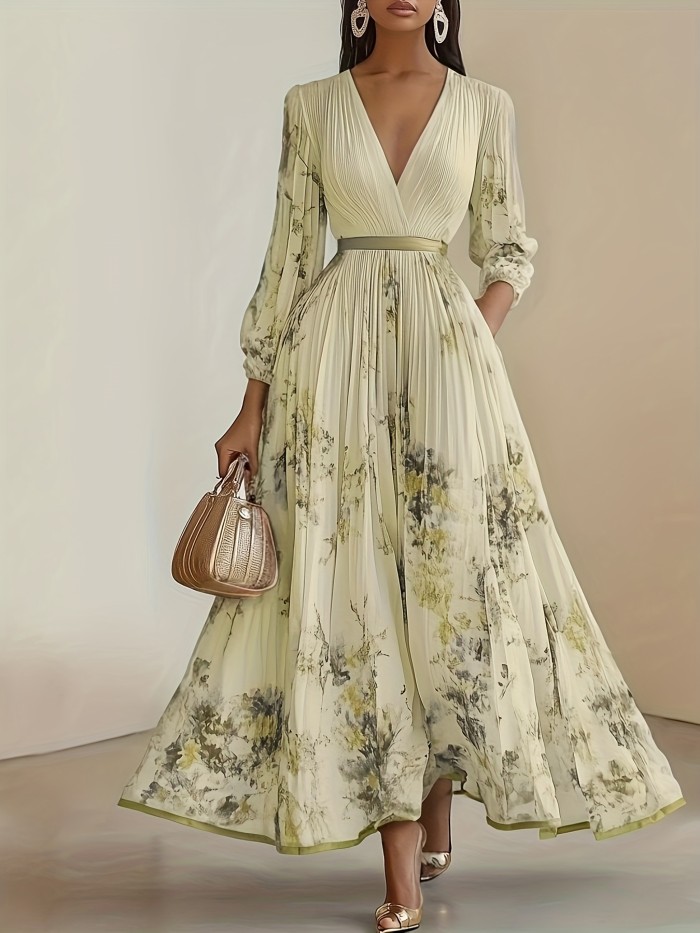 Elegant Olive Green V-Neck A-Line Formal Maxi Dress with Floral Lace Appliqué, Ruffled Bodice & Slit Hem - Machine Washable Women's Wedding, Party & Evening Gown, Wedding Dresses, Wedding Guest Attire, Vneck Design, Pleated Skirt Style, Highquality Fabric, Bridesmaid Gown