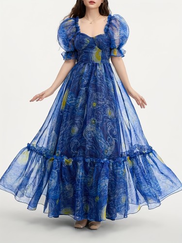 Elegant French-Inspired Van Gogh Print Oil Painting Floral Square Neck A-Line Dress