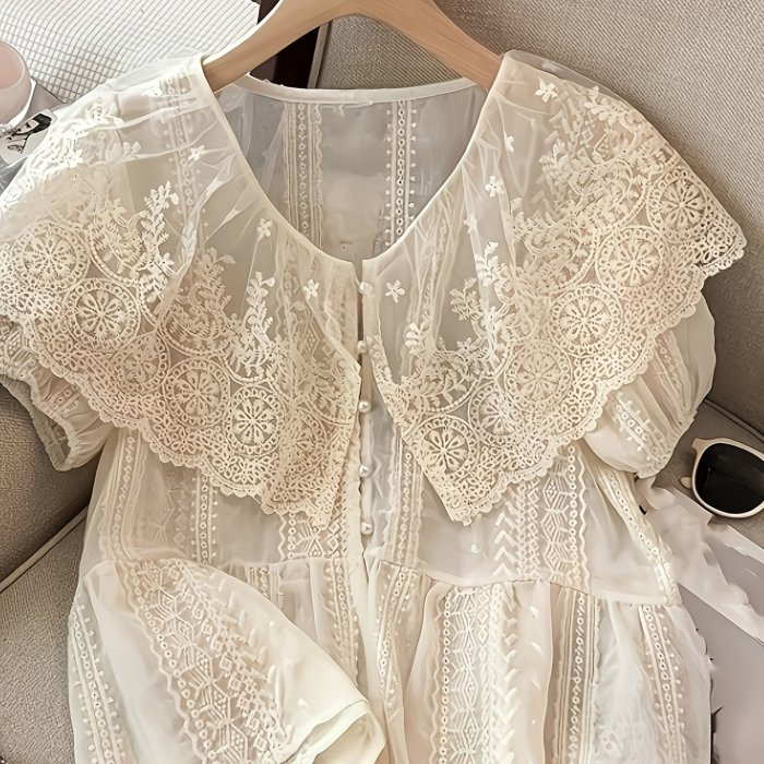 Women'S Elegant Casual V-Neck Blouse with Ruffle Detail - Light Purple Lace Trim, Button-Up Front, Short Puff Sleeves, Perfect for Spring\u002FSummer, Ladies Blouses