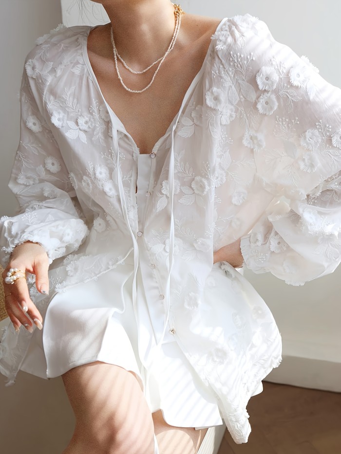 Elegant V-Neck Polyester 100% Long Sleeve Blouse for Women, Embroidered Floral Pattern, Regular Length, Single Breasted Placket, Spring\u002FSummer Top