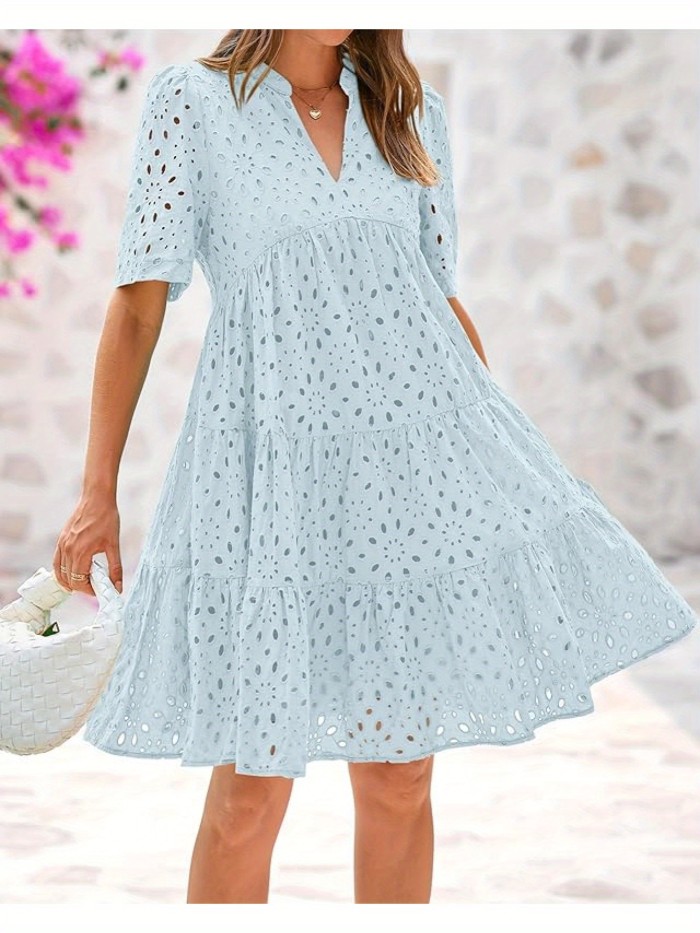 Women'S Casual V-Neck Short Sleeve Ruffle Hem Mini Dress - Lightweight Polyester Beach Dress with Lace Detailing for Summer Vacation, Poolside & Outdoor