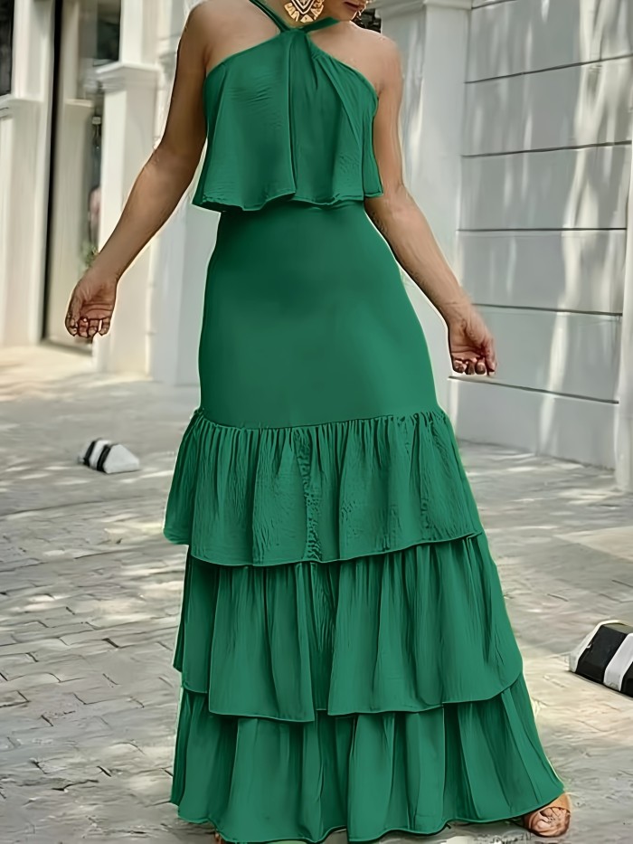 Women's Elegant Halter Neck Backless Summer Dress - Emerald Green Ruffled A-Line Beach Vacation Dress with Adjustable Spaghetti Straps & Machine Washable Fabric for Casual Outings, Beach Dresses, Formal Beachwear, Nontransparent Fabric