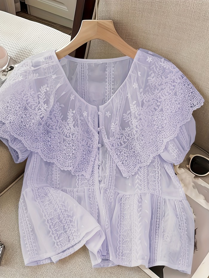 Women'S Elegant Casual V-Neck Blouse with Ruffle Detail - Light Purple Lace Trim, Button-Up Front, Short Puff Sleeves, Perfect for Spring\u002FSummer, Ladies Blouses