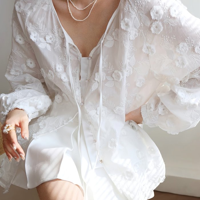 Elegant V-Neck Polyester 100% Long Sleeve Blouse for Women, Embroidered Floral Pattern, Regular Length, Single Breasted Placket, Spring\u002FSummer Top
