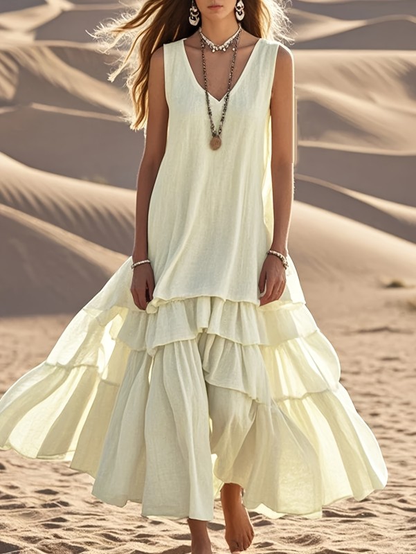 2025 Spring\u002FSummer Casual Vintage Solid Color Maxi Dress with Ruffle Detail - Sleeveless V-Neck, Flowy Beige Dress for Women, Perfect for Adult Casual Attire, Casual Attire|Vintage Style|Ruffle Detail