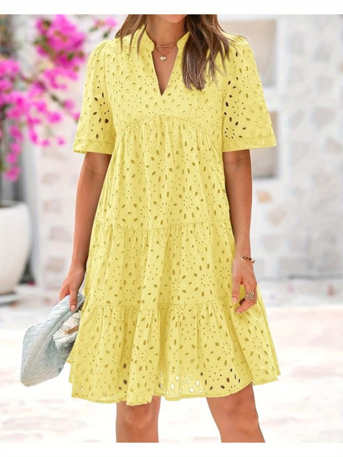 Women'S Casual V-Neck Short Sleeve Ruffle Hem Mini Dress - Lightweight Polyester Beach Dress with Lace Detailing for Summer Vacation, Poolside & Outdoor
