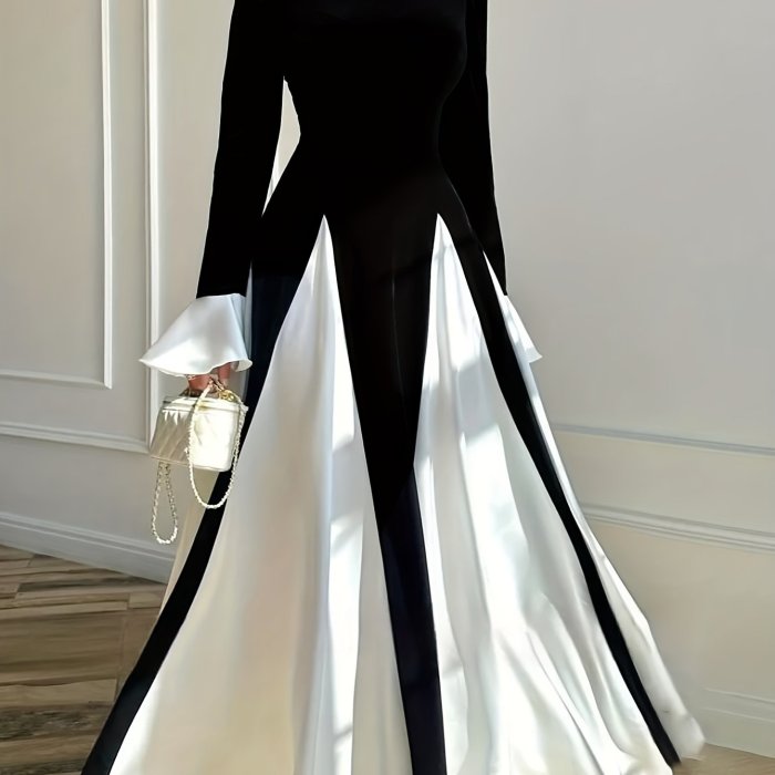 Polyester Fitted Crew Neck Long Dress - Solid Color, for Adult