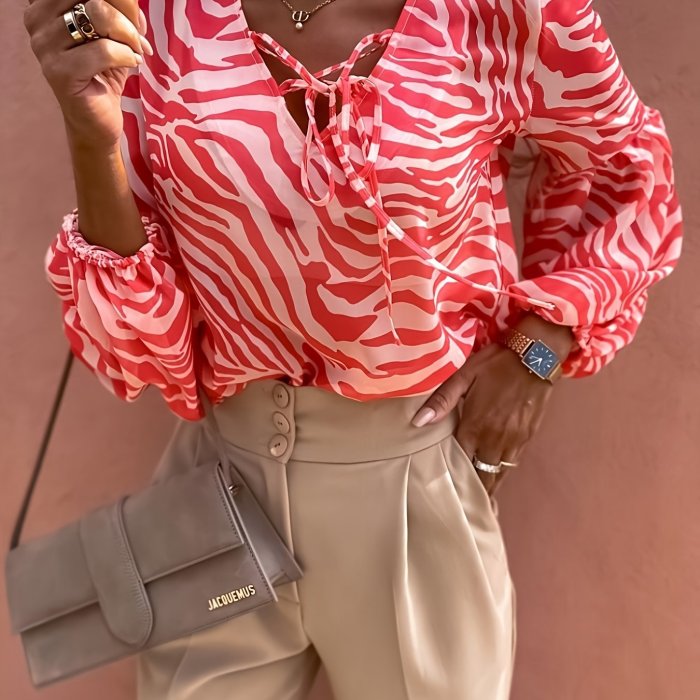 Spring-Summer New Casual Long Sleeve Irregular Striped Print Chiffon Blouse Shirt