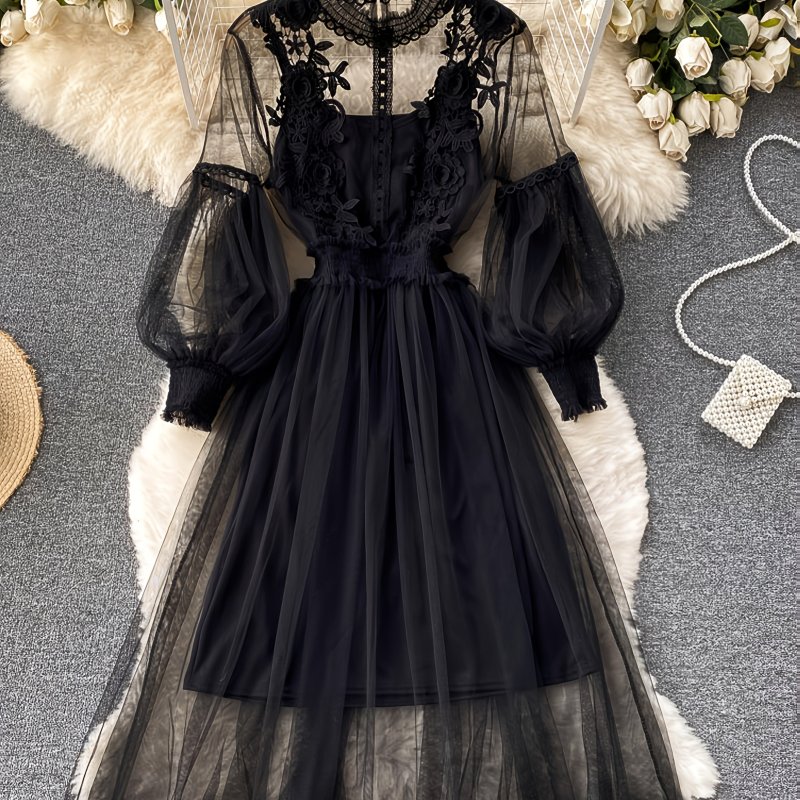 Fashion Women's Dress Set Women's Fashion Three-dimensional Flower Slim Long Dress Light Luxury Design Sense Women's Chiffon Lace Shirt Suspender Base Layer (Since The Outer Mesh Has No Stretch, Please Arrange It Yourself According to The Size Chart)