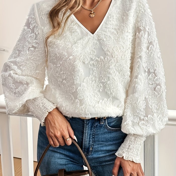 Women's Elegant V-Neck Lantern Sleeve Blouse - Semi-Sheer White Lace Top for Spring\u002FSummer, Casual to Formal Wear, Hand Wash Only, Spring Summer Apparel, Sophisticated Embroidery