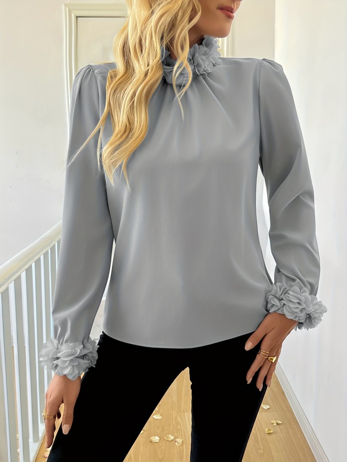 Women's Elegant 3D Floral Appliqué Puff Sleeve Blouse - Solid Color Stand-Up Collar Long Sleeve Shirt, Machine Washable Regular Fit Top for Spring & Fall Casual Outings, Decorative Detail, Nontransparent Fabric