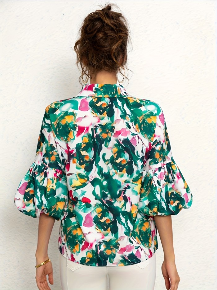 Floral Print Blouse Lightweight Floral Print 3\u002F4 Sleeve Women's Shirt | Machine Washable Regular Fit Top for Casual & Formal Wear, Non-See-Through Spring Summer Fall Blouse