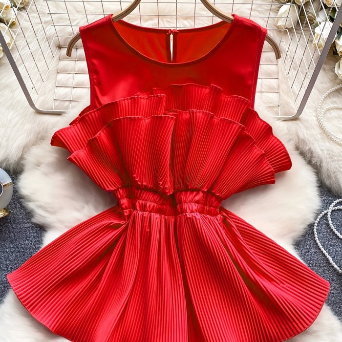 Women's V-Neck Ruffled Blouse with Elastic Waist & Flared Sleeves - Lightweight Polyester-Spandex Blend, Loose Fit Top for Spring\u002FSummer, Elegant Solid Color Casual to Formal Wear