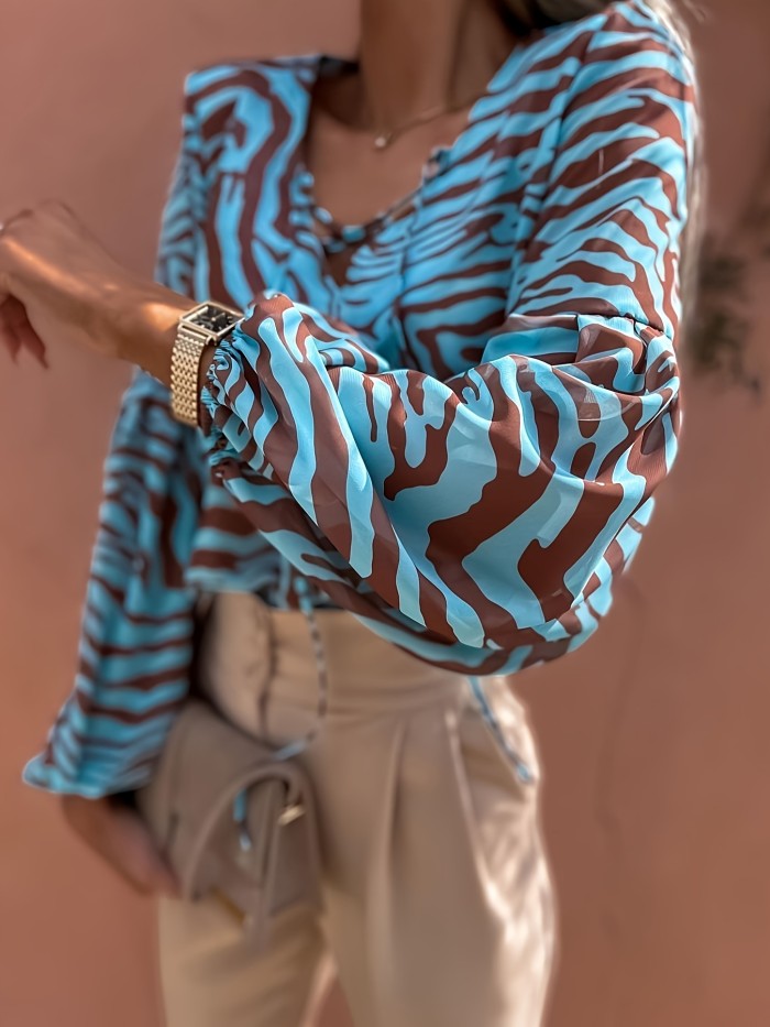 Spring-Summer New Casual Long Sleeve Irregular Striped Print Chiffon Blouse Shirt