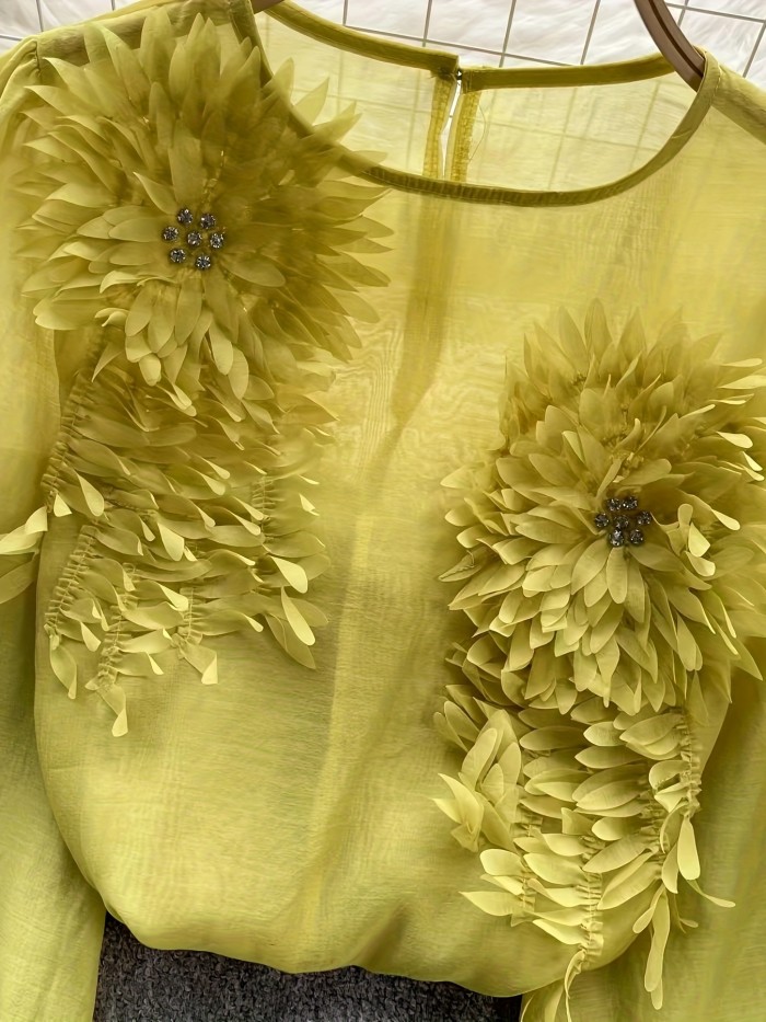 Elegant Floral Applique Pullover Blouse for Women - 3D Flower Design, Crew Neck, Long Sleeve, Bright Yellow, Perfect for Spring & Summer, Stylish and Versatile, Floral Print Blous