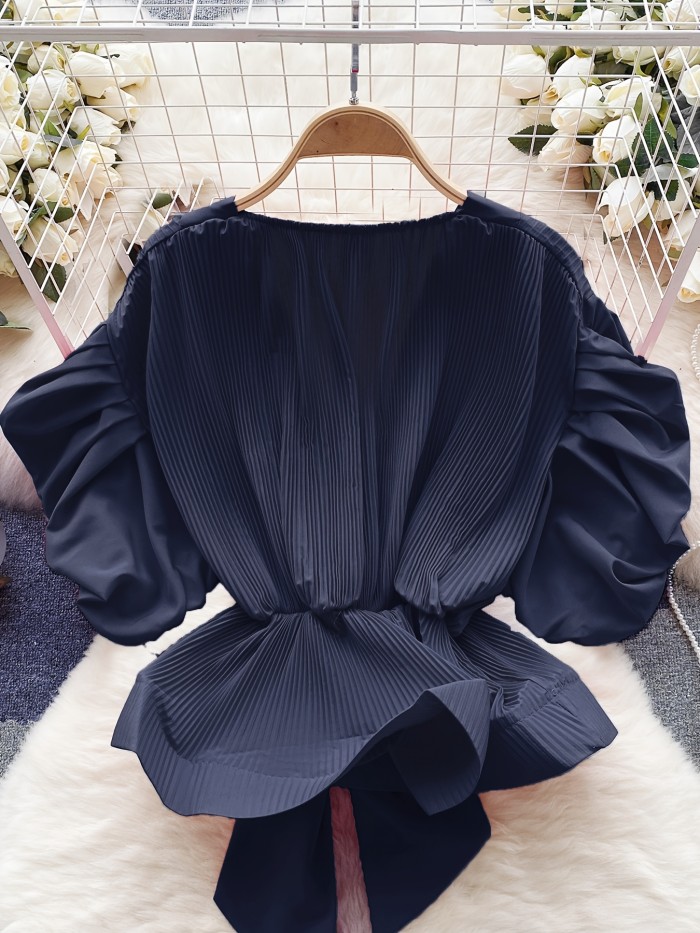 Elegant Purple Pleated Blouse with Ruffled Sleeves - V-Neck, Waist-Cinching Tie Detail, Lightweight for Spring\u002FSummer, Luxury Fashion Top, Luxury Fashion Top|Ruffled Sleeve Blouse|Pleated Fabric
