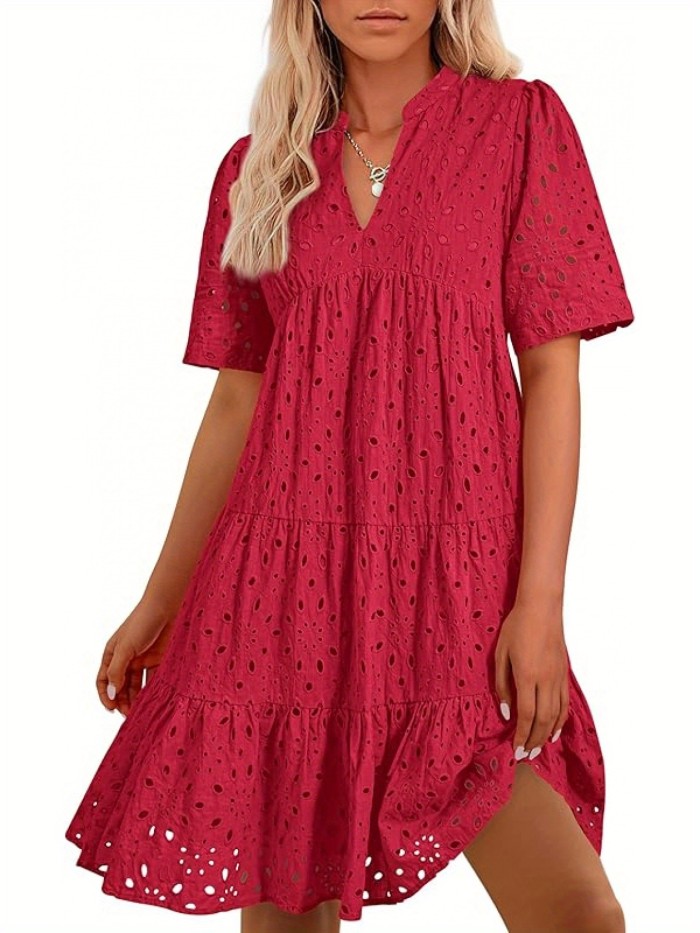Women'S Casual V-Neck Short Sleeve Ruffle Hem Mini Dress - Lightweight Polyester Beach Dress with Lace Detailing for Summer Vacation, Poolside & Outdoor