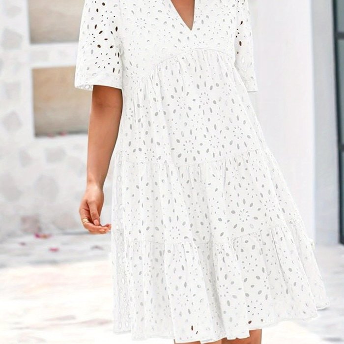 Women'S Casual V-Neck Short Sleeve Ruffle Hem Mini Dress - Lightweight Polyester Beach Dress with Lace Detailing for Summer Vacation, Poolside & Outdoor