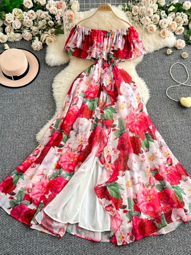 Women's Elegant Off-Shoulder Floral Print A-Line Dress