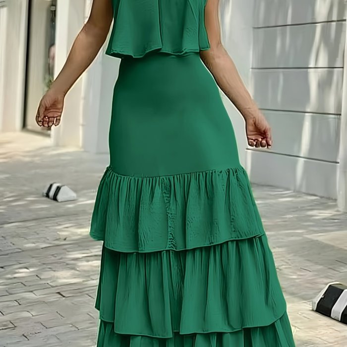 Women's Elegant Halter Neck Backless Summer Dress - Emerald Green Ruffled A-Line Beach Vacation Dress with Adjustable Spaghetti Straps & Machine Washable Fabric for Casual Outings, Beach Dresses, Formal Beachwear, Nontransparent Fabric