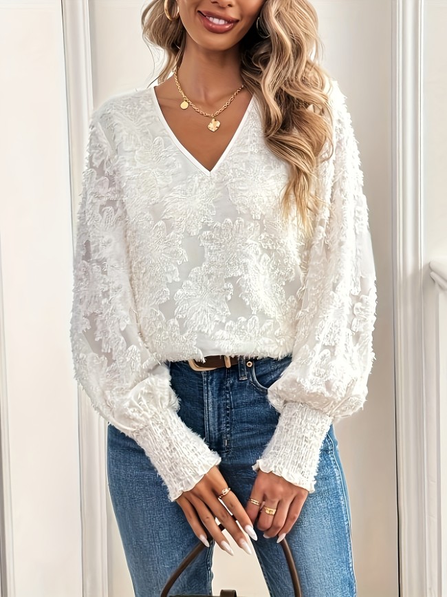Women's Elegant V-Neck Lantern Sleeve Blouse - Semi-Sheer White Lace Top for Spring\u002FSummer, Casual to Formal Wear, Hand Wash Only, Spring Summer Apparel, Sophisticated Embroidery