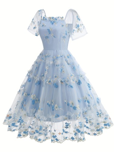 Women's 50s Vintage Floral Embroidered Tulle Dress - Square Neck Ruffled Short Sleeves, Layered Pleated Skirt with Rose & Butterfly Design, Fitted Mid-Length for Weddings & Cocktail Parties, Machine Washable Spring\u002FSummer, Formal Occasion, Elegant Style, Delicate Embroidery, Feminine Attire, Elegant Women