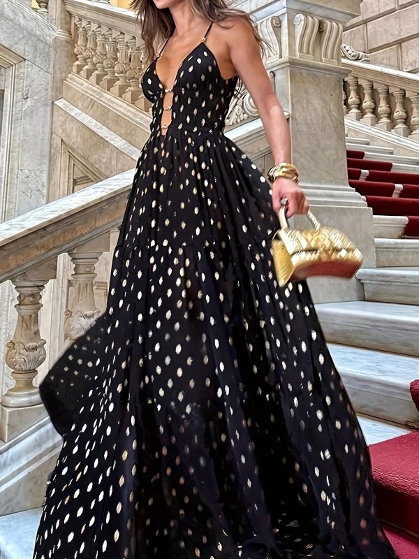 Elegant Women'S Deep V-Neck Gown with Golden Chain Detail, Floral Print, Sleeveless, Tie-Front Detail, Polyester, Summer Formal or Evening Dres
