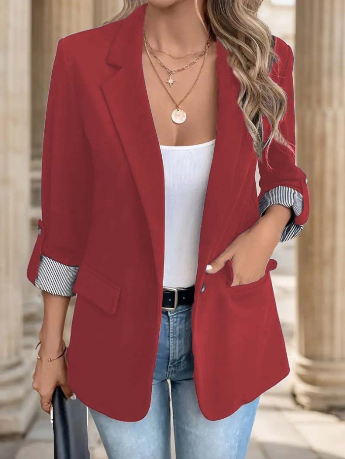 Single-Breasted Label Neck Blazer, Elegant Long Sleeve Blazer For Office & Work, Women's Clothing