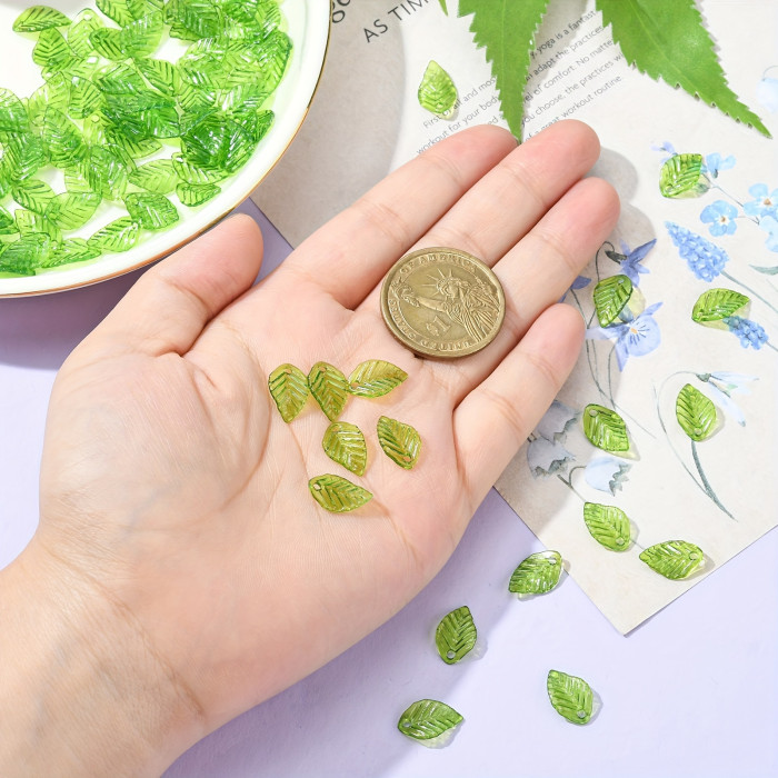 100Pcs Transparent Green Acrylic Leaf Pendants - Drilled Hole, Ideal for DIY Jewelry Making, Keychain, Earrings, and Small Business Crafts