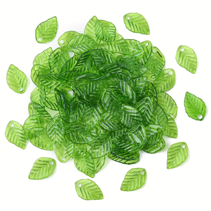 100Pcs Transparent Green Acrylic Leaf Pendants - Drilled Hole, Ideal for DIY Jewelry Making, Keychain, Earrings, and Small Business Crafts