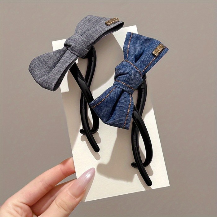 Women's Korean Denim Hair Clip - Twisted Clip with Bow, Non-Slip Hairpin for Updos, Ponytails, Buns - Casual & Formal Events (Denim Blue\u002FGray) - Elegant Hair Accessories, Bunmaking Tools