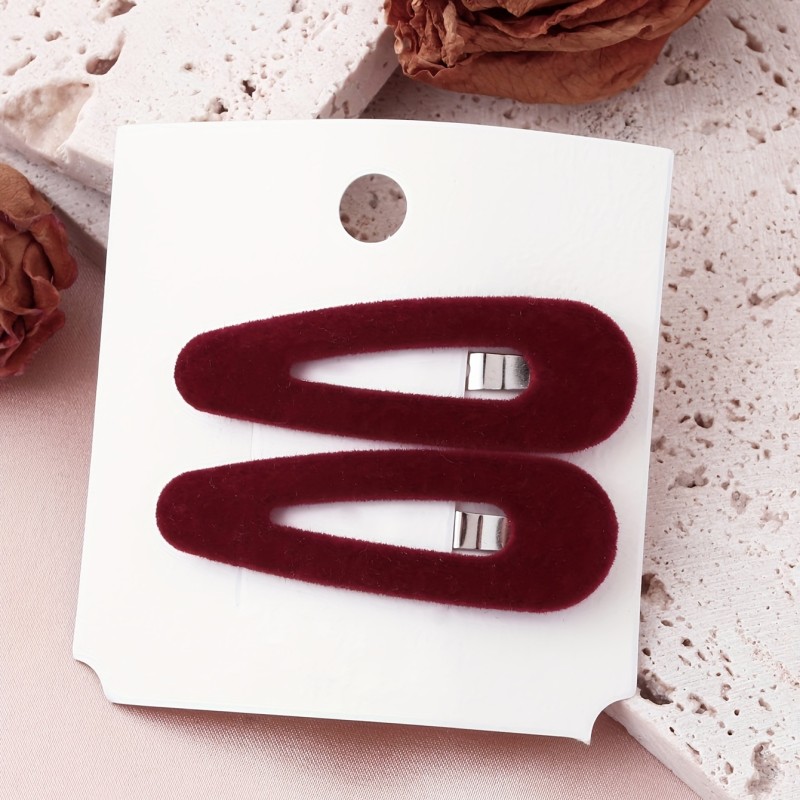 Set of 2 Elegant Minimalist Velvet Hair Clips, Oblong Metal Snap Barrettes for Women and Teens 14+, Solid Color