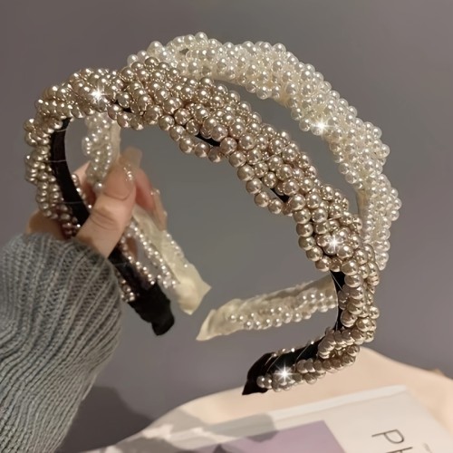 2-Piece Pearl Headband Set - Elegant Vintage Plastic Daily Headbands with Imitation Pearls - Solid Color, Featherless, for Weddings and Daily Wear