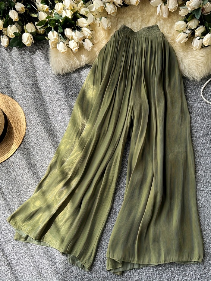 Women's Elegant Solid Color Elastic Waist Relaxed Fit Casual Outings Wide-Leg Pants