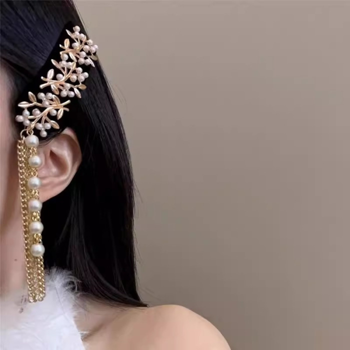 1pc Ethnic Style Faux Imitation Pearl Leaf Tassel Hair Clip for Women Side Bangs Fringe Hairpin Vintage New Chinese Fashion Elegant Daily Party Commute Gift for Family and Friends, Thanksgiving Christmas OPP Bag Packaging