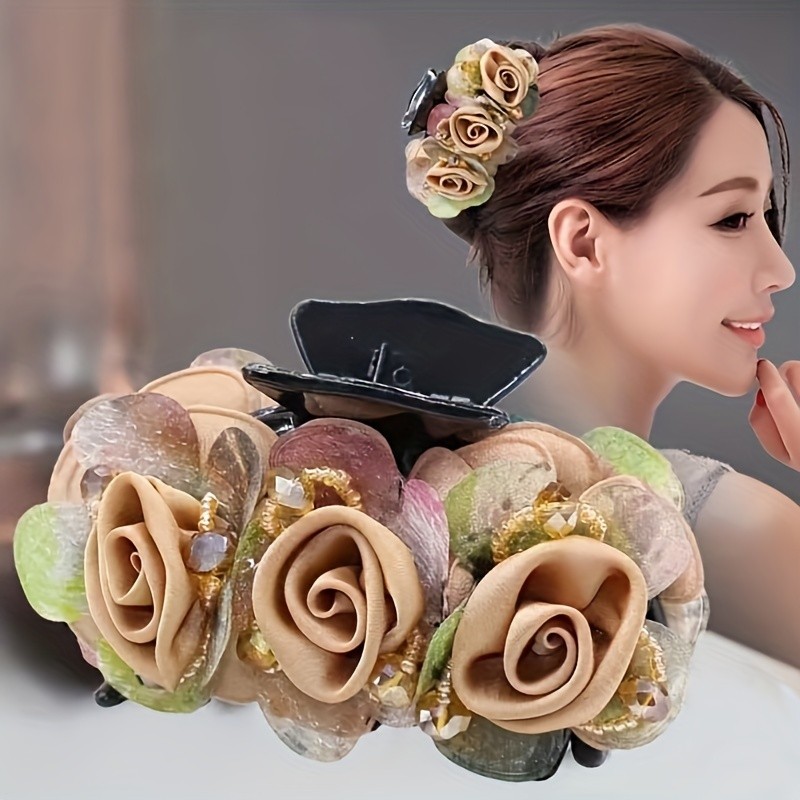 Non-slip Hair Claw Clips - 1pc Crossing Teeth Styling Tool For Women - Flower Beads Decor