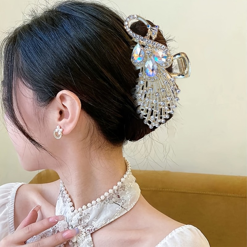 Vintage Peacock Feather Hair Claw Clip for Women - Elegant Zinc Alloy Shark Clip with Crystal Accents, Updo Grip Accessory for Stylish Hairdos, Hair Accessories