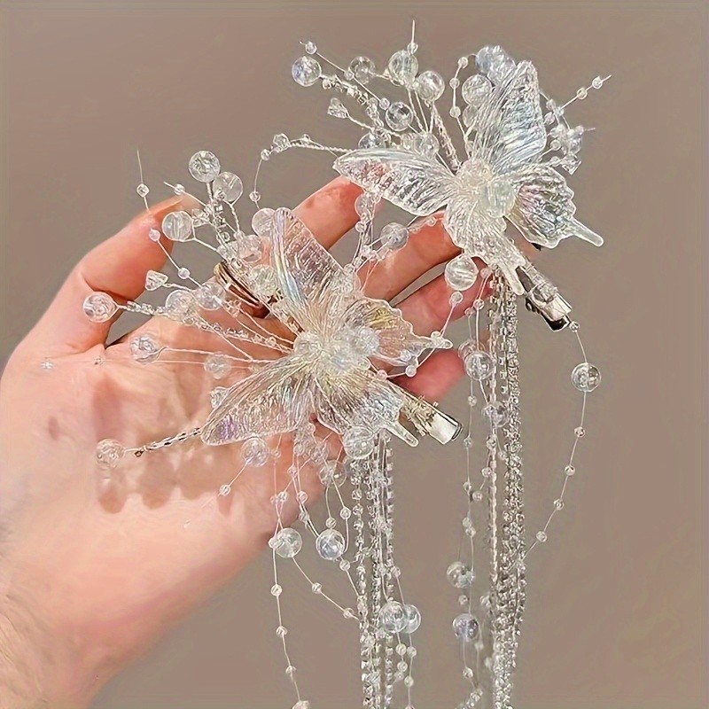 2pcs super fairy imitation butterfly tassel hair clip female bride styling headdress duckbill clip hair clip half-tied hair fairy beautiful season high-end elegant temperament fashion boutique hair accessories